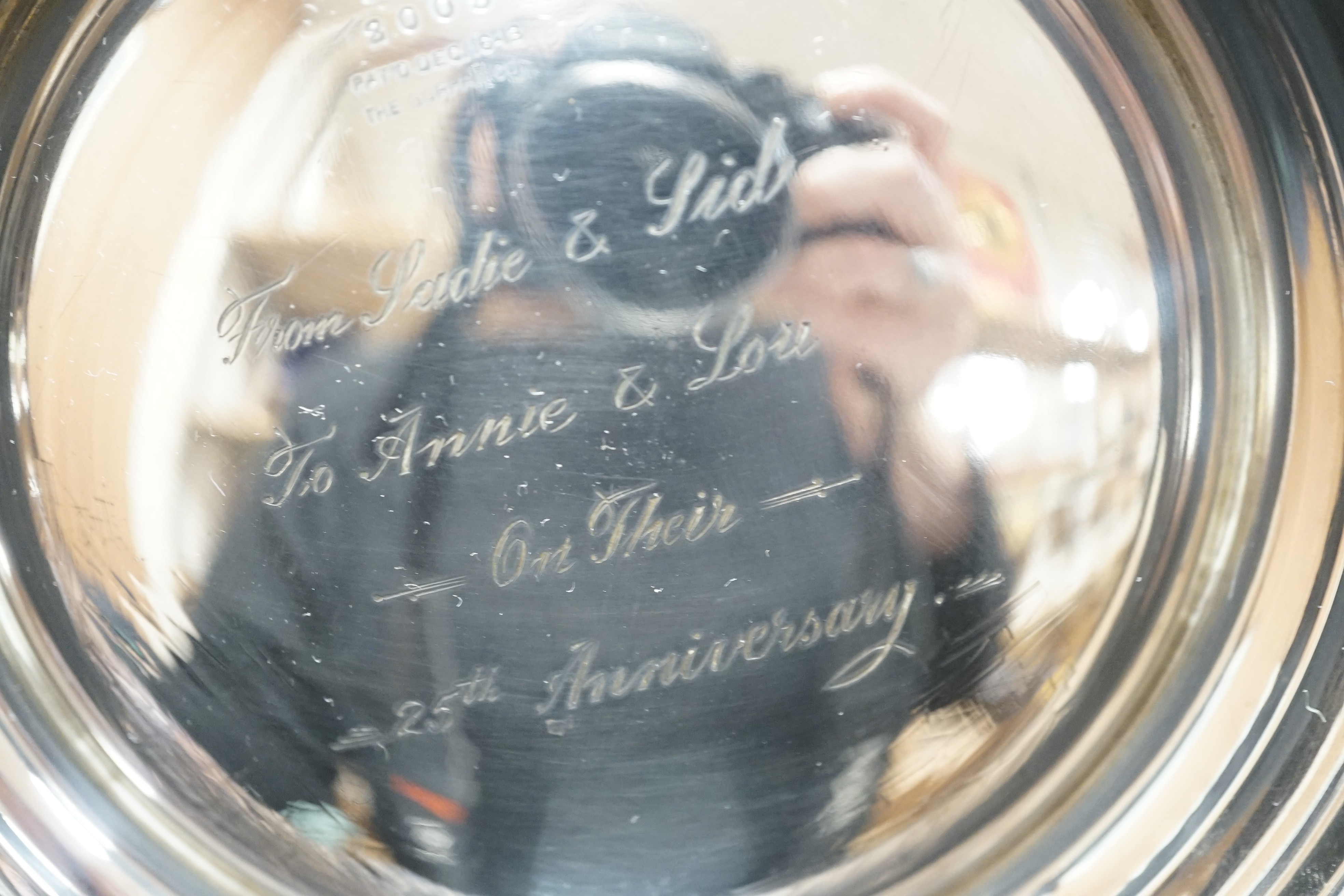 A US Gorham pierced sterling shallow basket, with presentation inscription, diameter 27.3cm, 14.4oz.